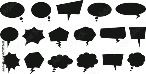 Speech bubble vector set, comic dialogue shapes, thought cloud icons, cartoon conversation symbols, editable graphic design elements for creative projects