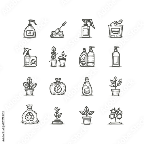 Illustration of various gardening and cleaning supplies including plants, sprays, and cleaning products in sketch style