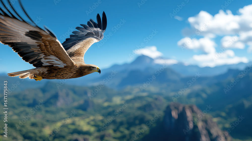 Fototapeta premium Majestic eagle soaring through clear blue sky, showcasing its powerful wings and sharp beak against stunning mountainous landscape