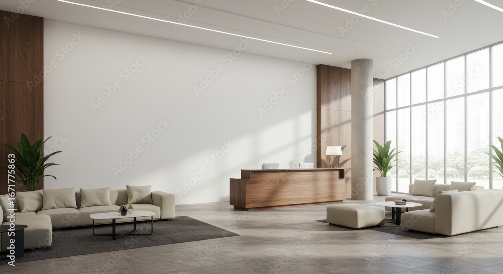 Fototapeta premium Modern office lobby with seating area reception desk and large windows.