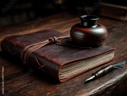 Old leather bound book with quill pen and inkwell on rustic wooden table