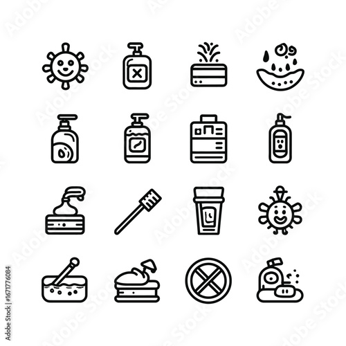 Collection of sixteen hygiene and sanitation related outline icons arranged in a rectangular grid pattern