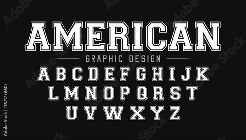 American college classic font. Vintage sports font in American style for T-shirt designs for football, baseball, and basketball teams. College, school and varsity style font, tackle twill. Vector
