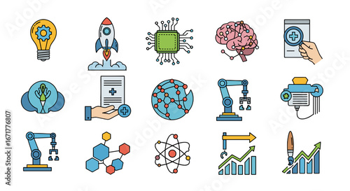 Icons representing technology innovation and scientific fields