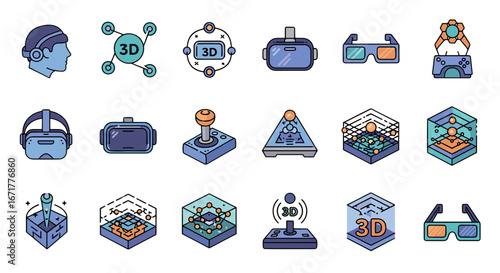 Illustration of various virtual reality and d technology items