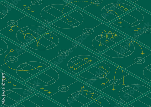 Isometric Basketball Court Vector Pattern. Seamless background with basketball courts and strategy lines, representing game tactics and player movements. Ideal for basketball and sports themes.