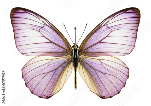 A large entomological specimen butterfly with pinned pale violet translucent wings and shimmering silver veins on a transparent background, soft studio light. Concept of delicate biological study