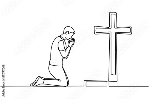 One line drawing of a man kneeling in prayer before a cross symbolizing faith and devotion to god