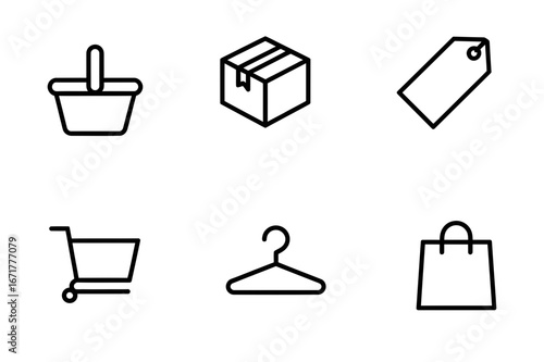 A collection of shopping related icons including a basket, box, tag, cart, hanger and bag