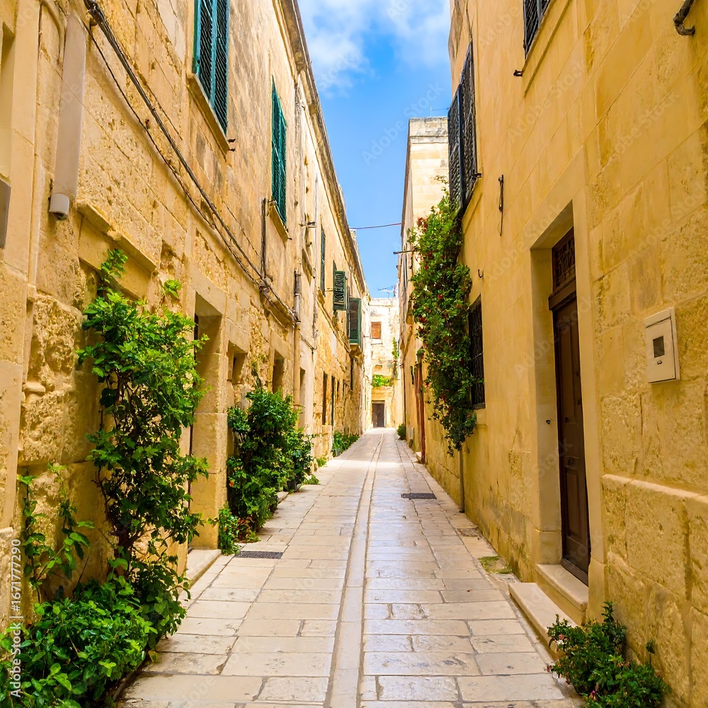 Fototapeta premium A sun-drenched alleyway lined with pastel yellow stone buildings, showcasing lush greenery and traditional architecture.