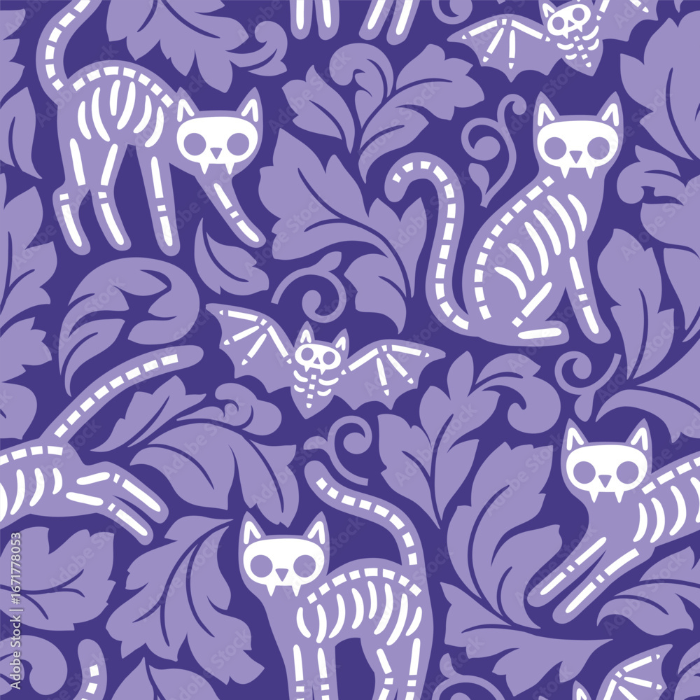 Fototapeta premium Seamless vector pattern with Halloween black cat skeletons. Hand drawn spooky cat damask. EPS 10 vector file. Perfect for textile, wallpaper or print design.