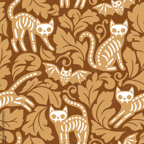 Seamless vector pattern with Halloween black cat skeletons. Hand drawn spooky cat damask. EPS 10 vector file. Perfect for textile, wallpaper or print design.