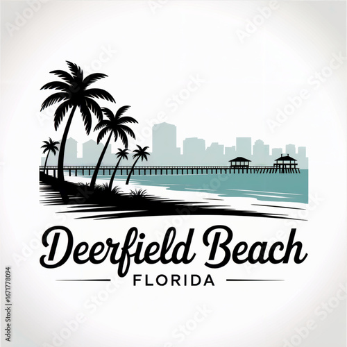 Deerfield Beach Florida Skyline Silhouette — Pier and Coastal Palm City Vector Illustration