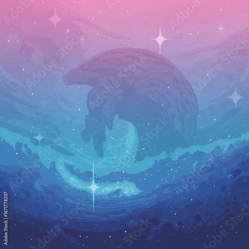 Dreamy Celestial Landscape with Planet and Stars in Vibrant Colors.