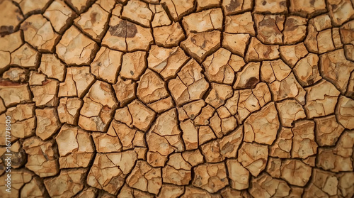 A detailed close-up of dry, cracked earth showcasing a mosaic of textured patterns and earthy tones.