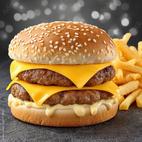 Delectable cheese burger accompanied by crispy golden fries creating a high gloss greasy food montage