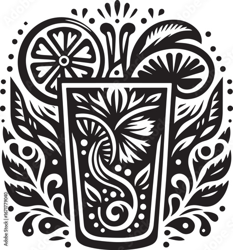 Stylized Virgin Mojito Illustration with Botanical Elements in Black and White