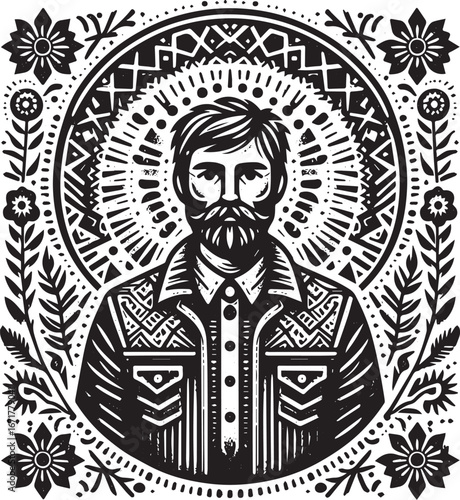 Monochrome stylized illustration of a bearded man in folk art style jacket