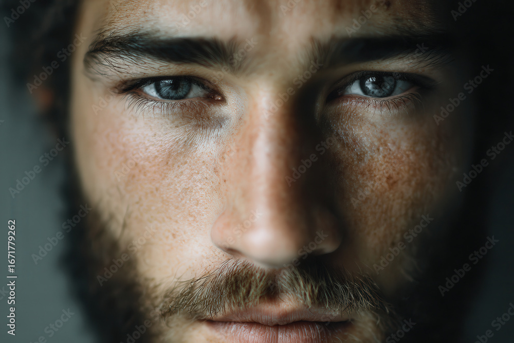 Obraz premium closeup of man face with beard expressing intense effort and deep emotions