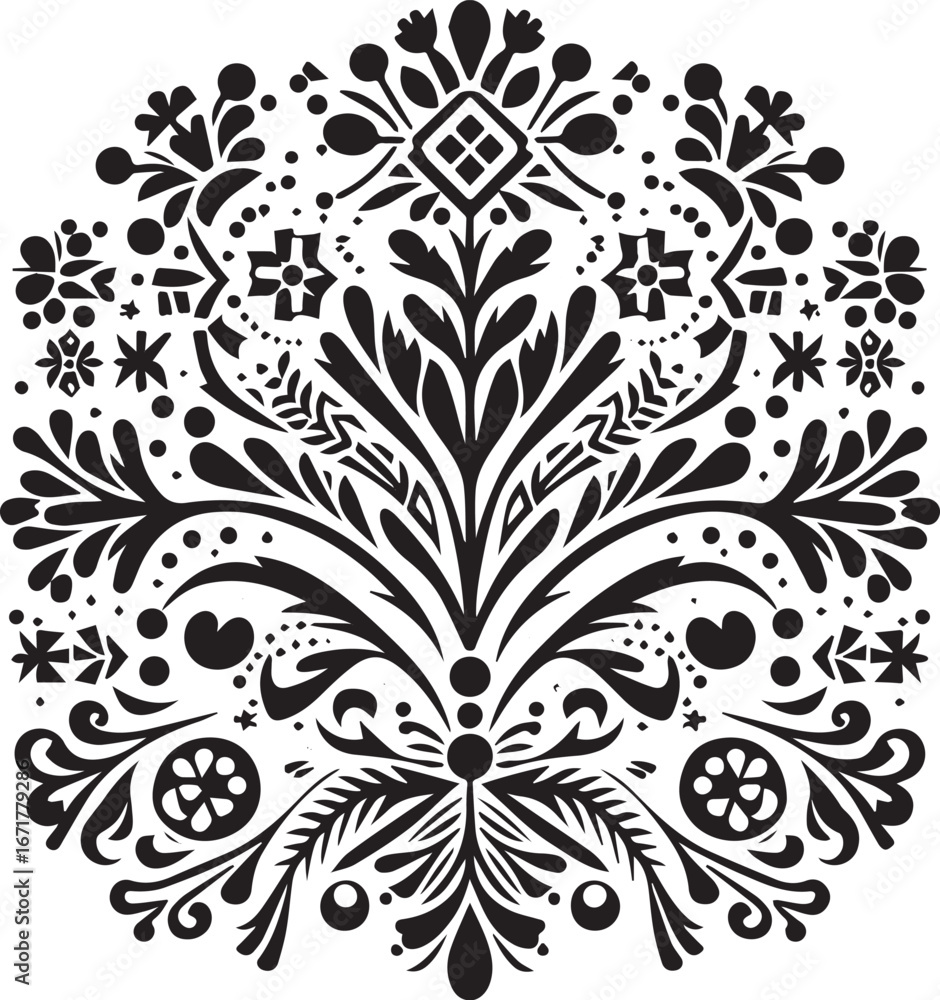 Fototapeta premium Ornate botanical vector design featuring symmetrical stencil for laser cutting