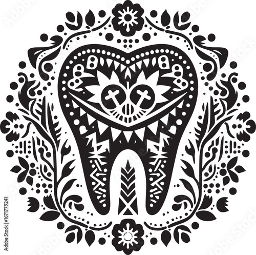 Ornate black and white folk art tooth design for dental health awareness