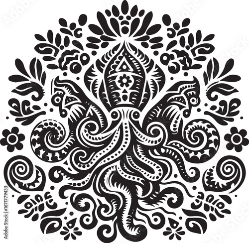 Ornate Folk Art Octopus Illustration with Floral Elements in Black and White