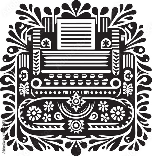 Decorative fax machine in a folk art style with floral ornamentations
