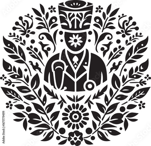 Monochrome botanical emblem featuring a stylized veterinarian illustration design