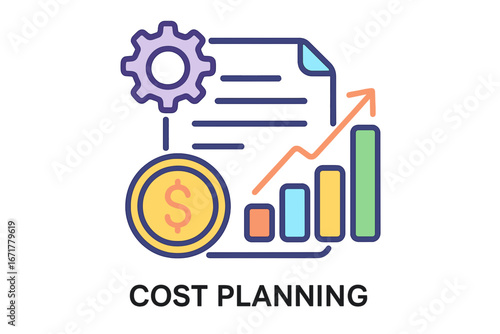 Cost planning concept with charts, gear, and dollar symbol cost planning layout