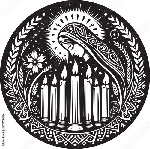 Serene celebration monochrome folk art icon: Woman lighting ceremonial candles