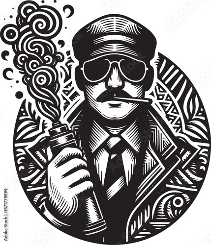 Monochrome illustration of a man with a smoke flare in abstract stencil style