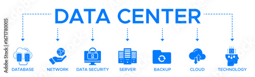 Data center banner web icon vector illustration concept with icon and symbol of database network data security server backup cloud and technology.