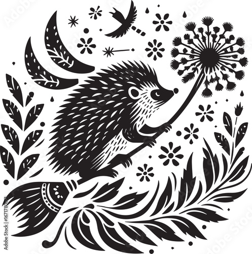 Whimsical hedgehog soars on a dandelion, surrounded by botanical elements in an artistic monochrome illustration