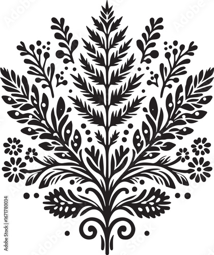 Stylized botanical emblem in monochrome, creating a handcrafted stencil feel
