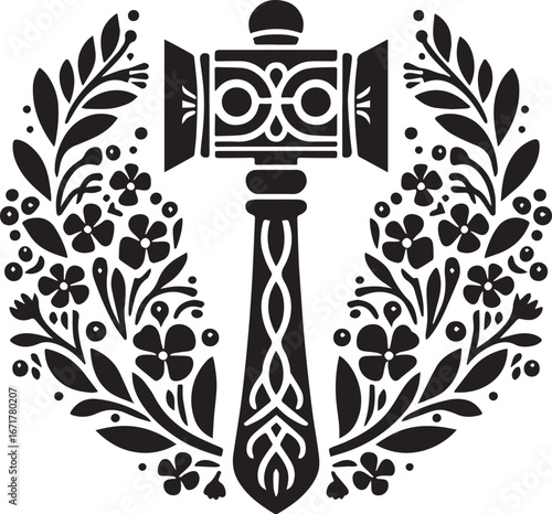 Floral framed Norse hammer icon in black and white vector illustration