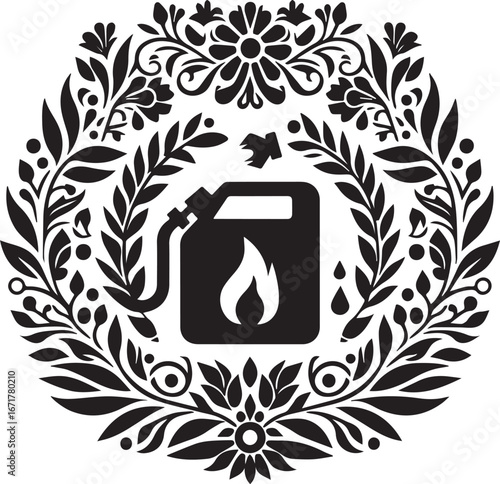 Ornate floral fuel can stencil illustration in folk art style black on white