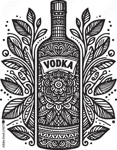 Intricate vodka bottle design with zentangle inspired floral embellishments
