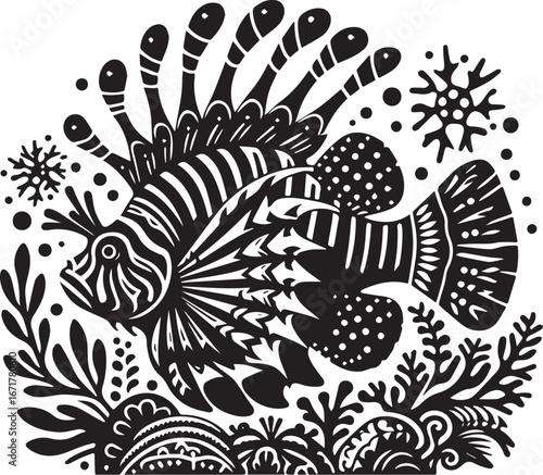Stylized black and white illustration of lionfish resting on coral reef