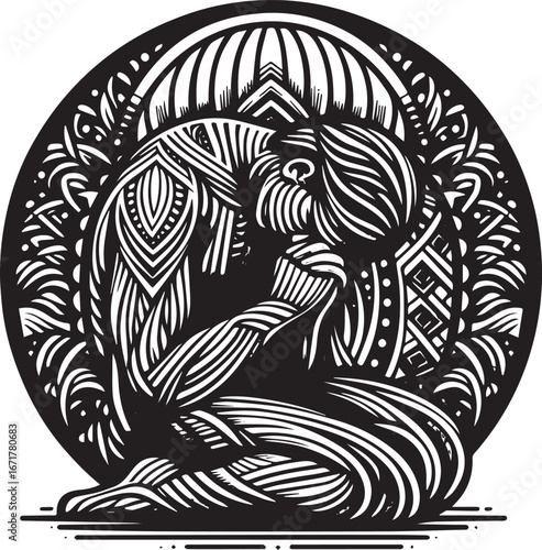 Detailed monochrome illustration of a kneeling figure in devout reverence