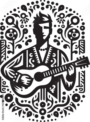 Monochrome folk art illustration depicting a musician strumming an acoustic guitar
