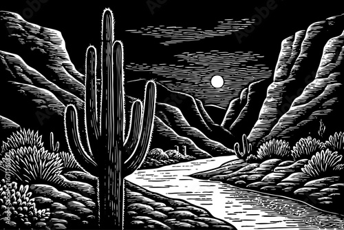 Organ pipe cactus standing by flowing canyon river, moonlit reflections highlighting rocky cliffs and desert terrain, elegant black and white sketch.