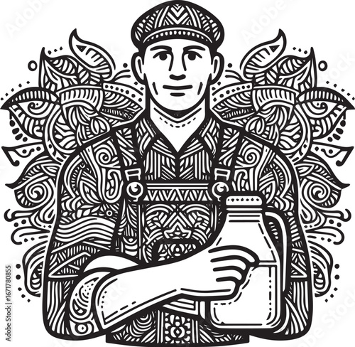 Stylized monochrome vector illustration of a dairy farmer holding milk bottle