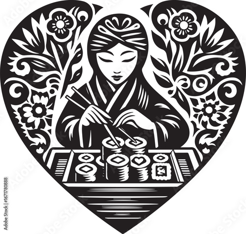 Intricate Folk Art: Woman Arranging Sushi into Heart Shape for Special Occasion