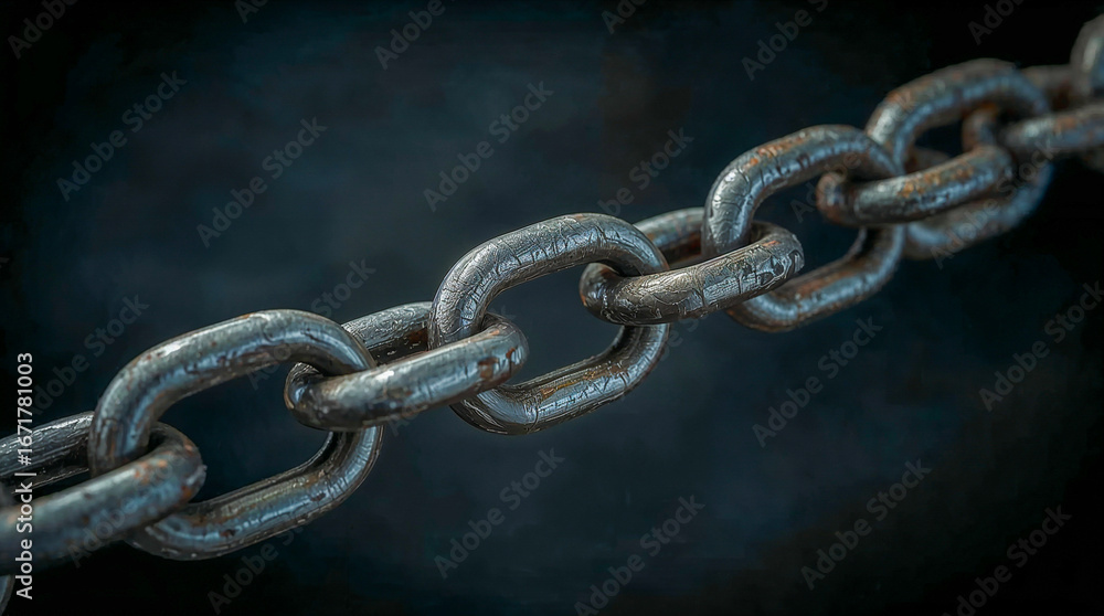 Fototapeta premium A close-up, detailed shot of a heavy, metallic chain links against a dark, blurred background. The texture of the metal is visible, suggesting strength and durability.