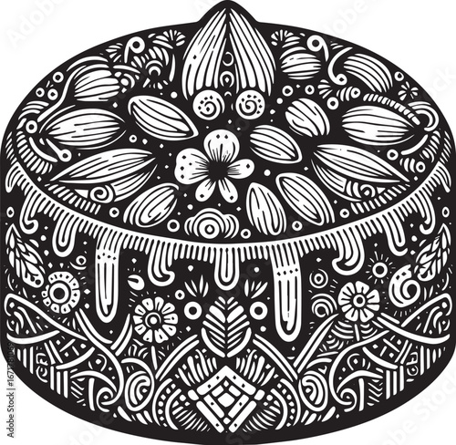 Elaborate black and white zentangle almond cake badge logo for food brands