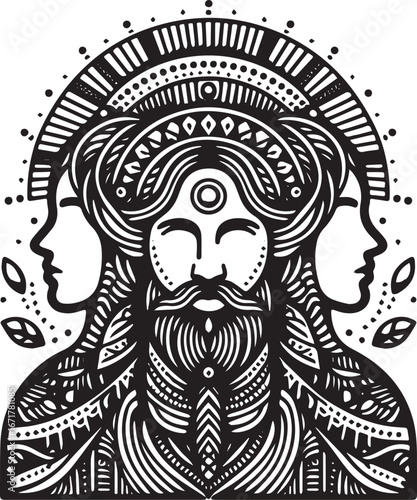 Detailed monochrome illustration depicting interconnectedness, balance and duality
