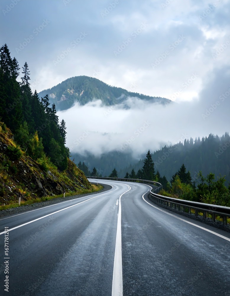 Fototapeta premium Winding mountain road through a misty landscape, showcasing a serene and tranquil scene.