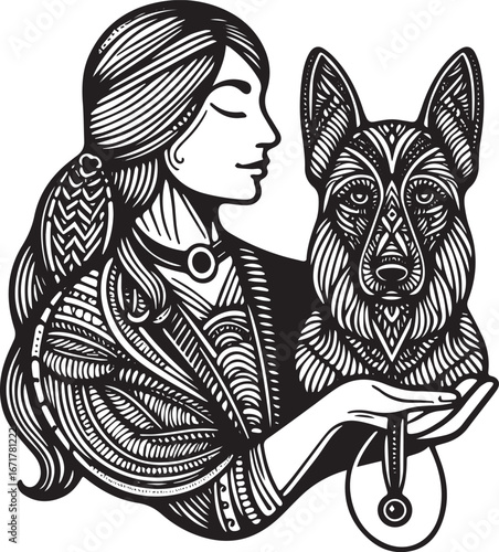 Intricate monochrome illustration of a woman and a dog with complex line work