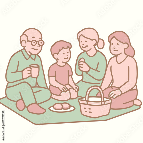Family of Four Sitting on Picnic Blanket Sharing Snacks in Cozy Indoor Setting