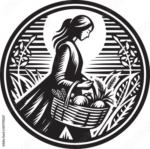 Stylized depiction of a woman with produce basket within a circular frame
